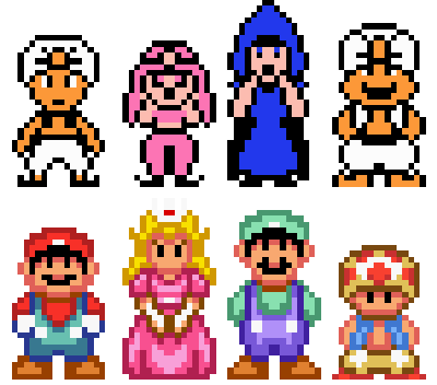 Die Spielcharaktere des Originals und der Mario-Version